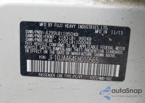 2014 Subaru Impreza 2.0I from USA, damaged, VIN JF1GJAA64EH010565